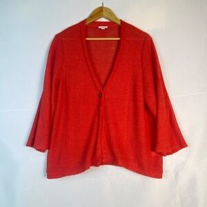 J. Jill women Sz L Linen blend long sleeve cardigan red coral bell sleeves knit